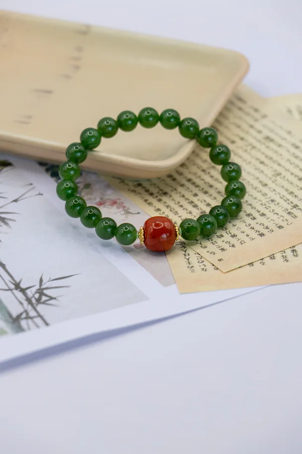 Jing Shan – Armband aus Grünem Jaspis & Südlichem Roten Achat