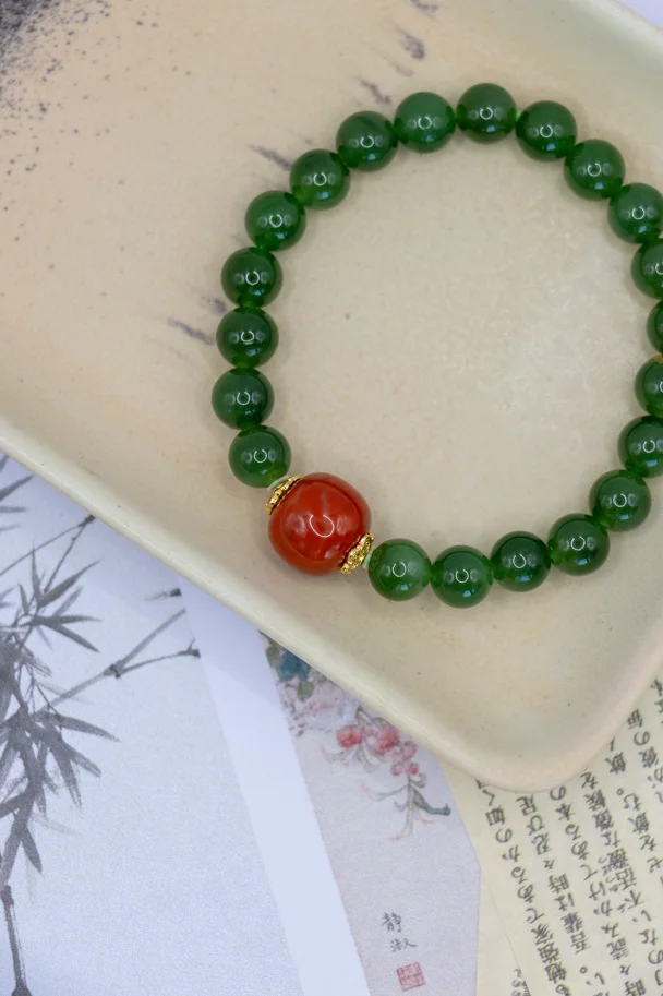 Jing Shan – Armband aus Grünem Jaspis & Südlichem Roten Achat